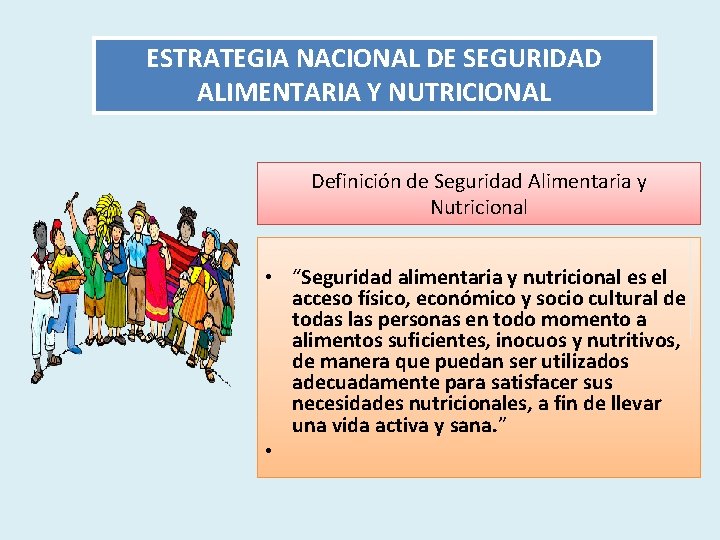 ESTRATEGIA NACIONAL DE SEGURIDAD ALIMENTARIA Y NUTRICIONAL Definición de Seguridad Alimentaria y Nutricional •
