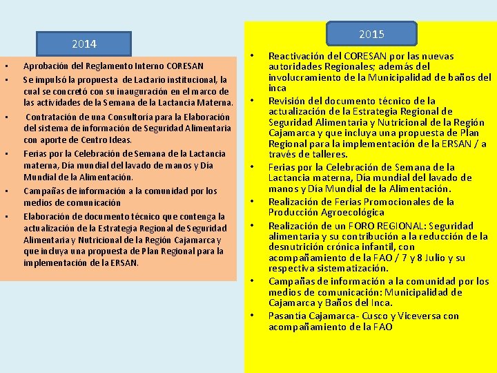 2014 • • • Aprobación del Reglamento Interno CORESAN Se impulsó la propuesta de