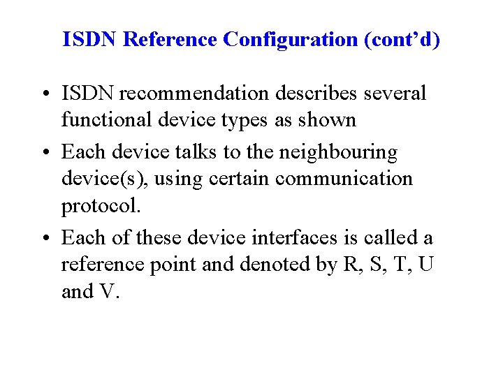 ISDN Reference Configuration (cont’d) • ISDN recommendation describes several functional device types as shown