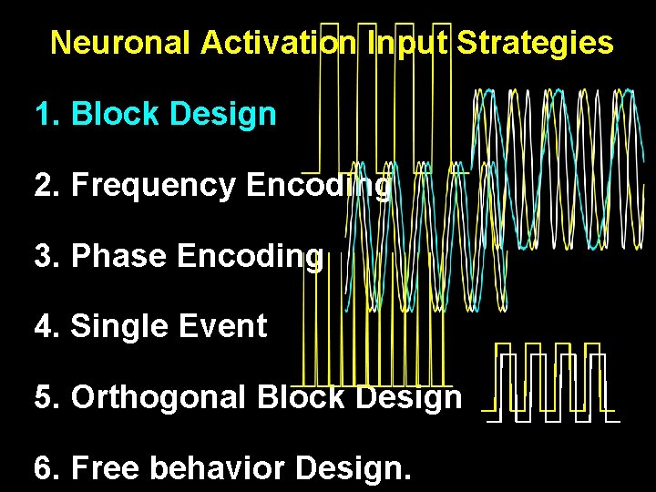Neuronal Activation Input Strategies 1. Block Design 2. Frequency Encoding 3. Phase Encoding 4.