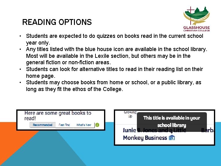 READING OPTIONS • Students are expected to do quizzes on books read in the