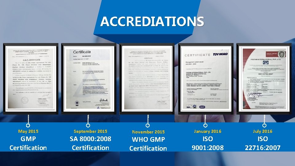 ACCREDIATIONS May 2015 GMP Certification September 2015 SA 8000: 2008 Certification November 2015 WHO