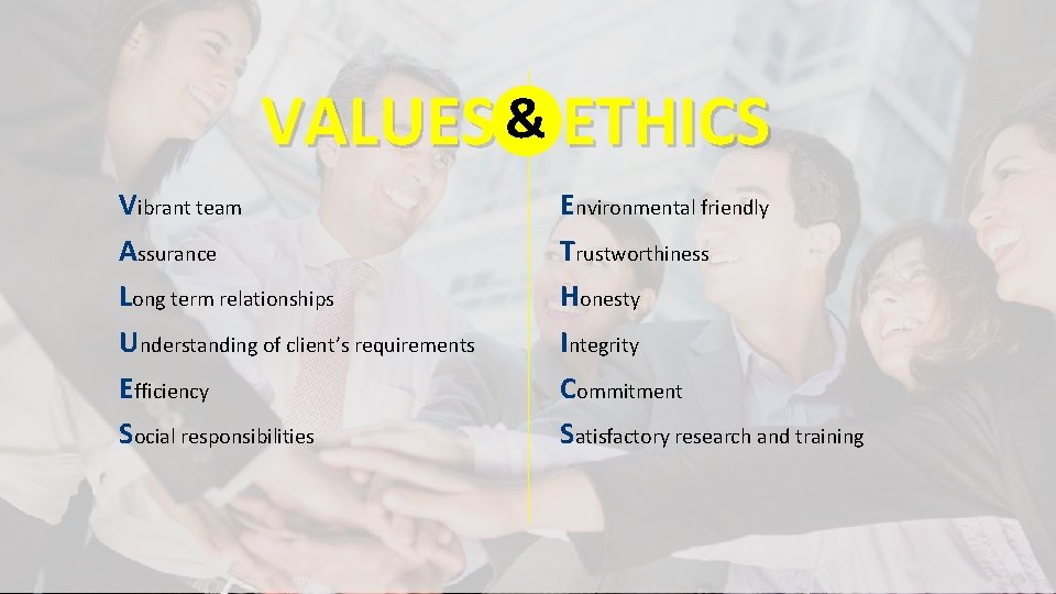 VALUES & ETHICS Vibrant team Assurance Long term relationships Understanding of client’s requirements Efficiency