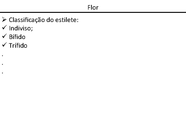 Flor Classificação do estilete: Indiviso; Bífido Trífido. . . 