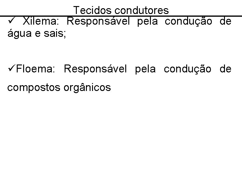 Tecidos condutores Xilema: Responsável pela condução de água e sais; Floema: Responsável pela condução