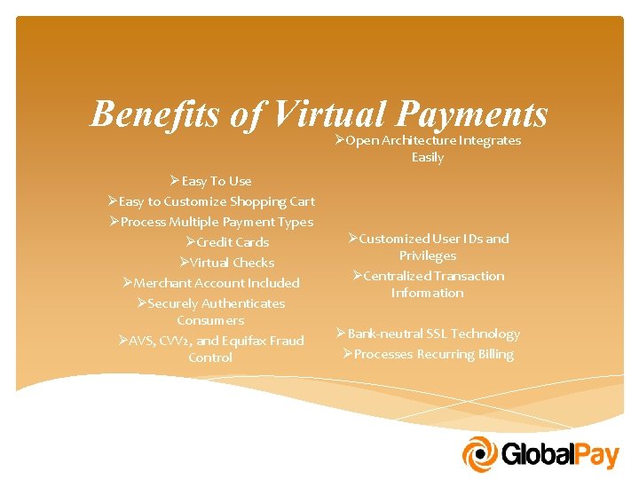 Benefits of Virtual Payments ØOpen Architecture Integrates Easily ØEasy To Use ØEasy to Customize