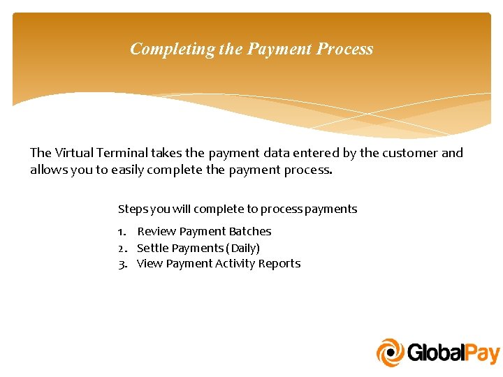 Completing the Payment Process The Virtual Terminal takes the payment data entered by the