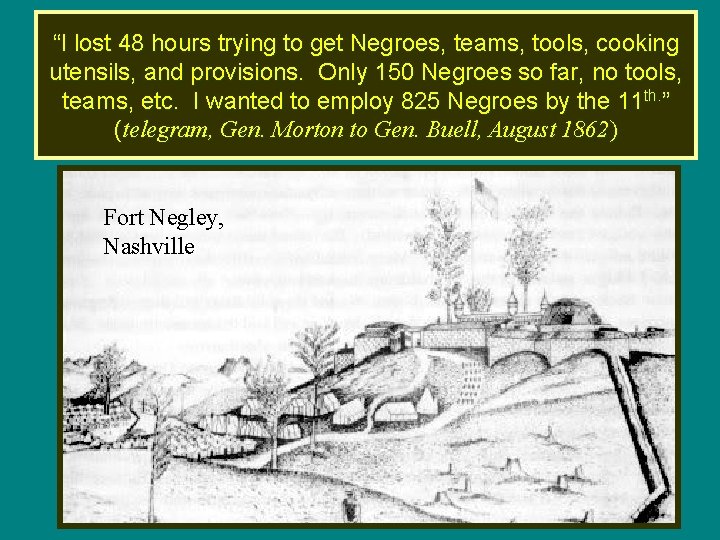 “I lost 48 hours trying to get Negroes, teams, tools, cooking utensils, and provisions.