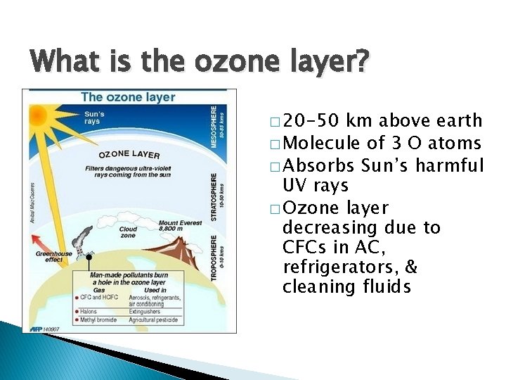 What is the ozone layer? � 20 -50 km above earth � Molecule of