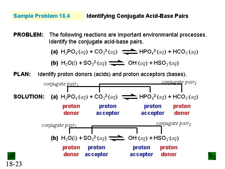 Sample Problem 18. 4 PROBLEM: Identifying Conjugate Acid-Base Pairs The following reactions are important