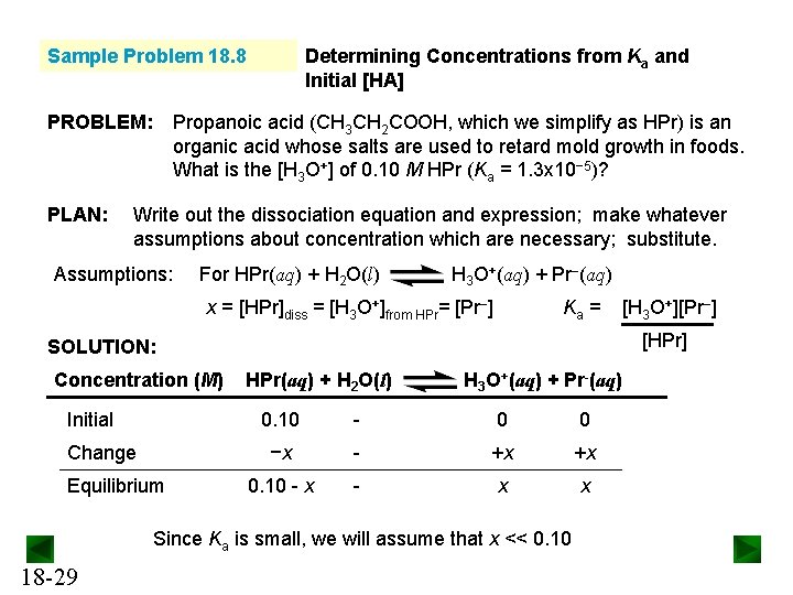 Sample Problem 18. 8 PROBLEM: PLAN: Determining Concentrations from Ka and Initial [HA] Propanoic