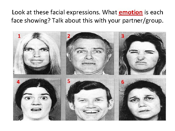 Look at these facial expressions. What emotion is each face showing? Talk about this