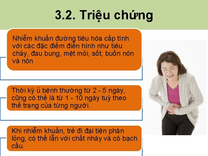 3. 2. Triệu chứng Nhiễm khuẩn đường tiêu hóa cấp tính với các đặc