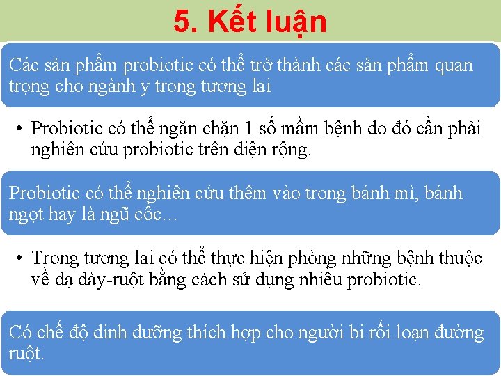 5. Kết luận Các sản phẩm probiotic có thể trở thành các sản phẩm