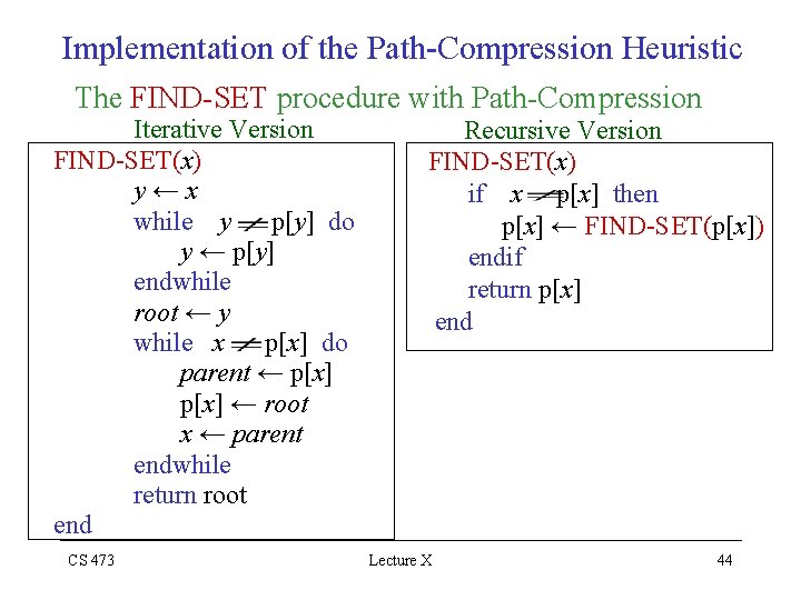 Implementation of the Path-Compression Heuristic The FIND-SET procedure with Path-Compression Iterative Version FIND-SET(x) y←x