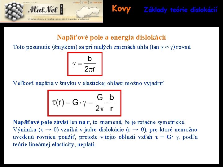 Kovy Základy teórie dislokácií Napäťové pole a energia dislokácií Toto posunutie (šmykom) sa pri