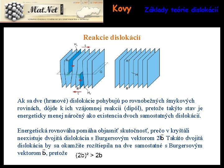 Kovy Základy teórie dislokácií Reakcie dislokácií Ak sa dve (hranové) dislokácie pohybujú po rovnobežných