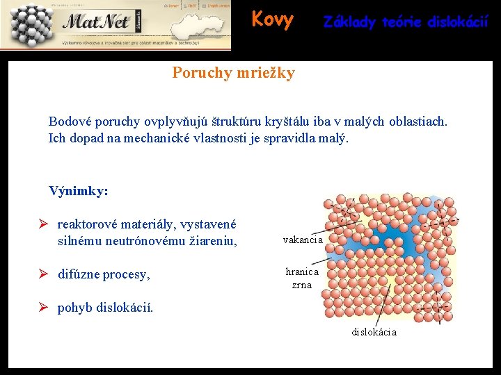 Kovy Základy teórie dislokácií Poruchy mriežky Bodové poruchy ovplyvňujú štruktúru kryštálu iba v malých
