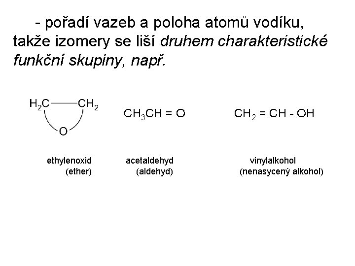  - pořadí vazeb a poloha atomů vodíku, takže izomery se liší druhem charakteristické