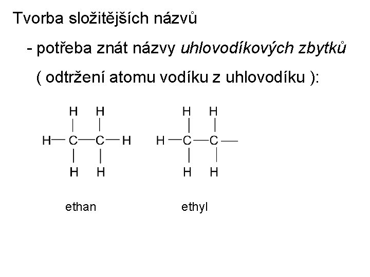 Tvorba složitějších názvů - potřeba znát názvy uhlovodíkových zbytků ( odtržení atomu vodíku z