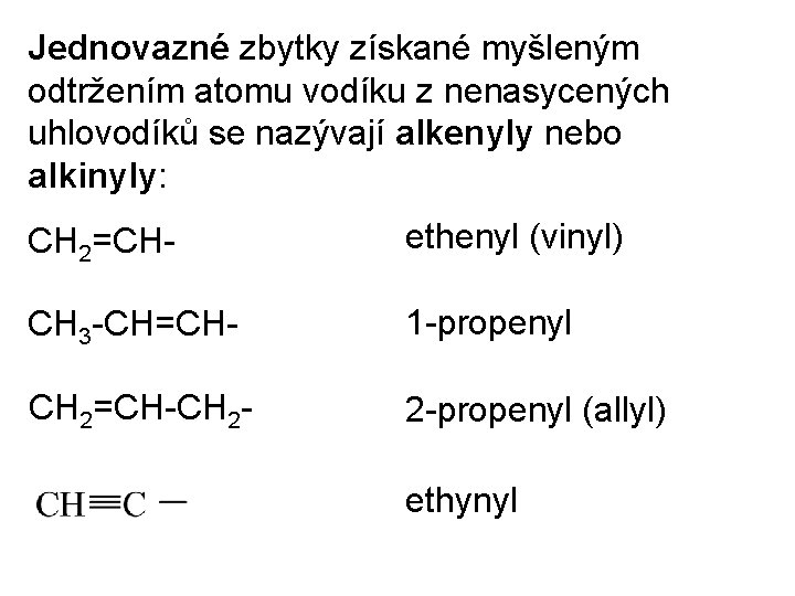 Jednovazné zbytky získané myšleným odtržením atomu vodíku z nenasycených uhlovodíků se nazývají alkenyly nebo