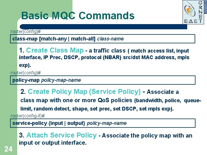 Basic MQC Commands router(config)# class-map [match-any | match-all] class-name • 1. Create Class Map