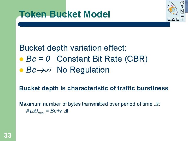 Token Bucket Model Bucket depth variation effect: l Bc = 0 Constant Bit Rate Token Bucket Model Bucket depth variation effect: l Bc = 0 Constant Bit Rate