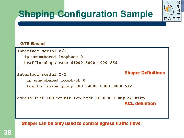 Shaping Configuration Sample GTS Based interface serial 2/1 ip unnumbered loopback 0 traffic-shape rate Shaping Configuration Sample GTS Based interface serial 2/1 ip unnumbered loopback 0 traffic-shape rate