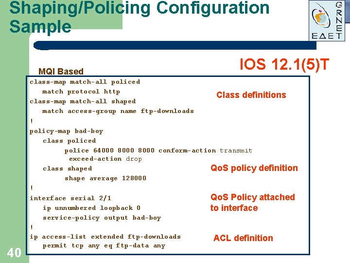 Shaping/Policing Configuration Sample MQI Based 40 IOS 12. 1(5)T class-map match-all policed match protocol Shaping/Policing Configuration Sample MQI Based 40 IOS 12. 1(5)T class-map match-all policed match protocol