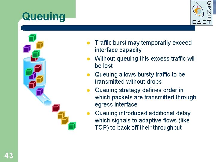 Queuing l l l 43 Traffic burst may temporarily exceed interface capacity Without queuing Queuing l l l 43 Traffic burst may temporarily exceed interface capacity Without queuing
