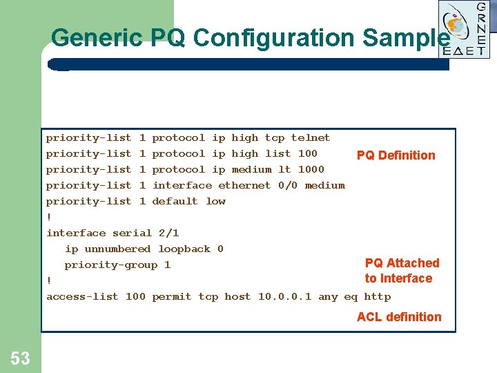 Generic PQ Configuration Sample priority-list 1 protocol ip high tcp telnet priority-list 1 protocol Generic PQ Configuration Sample priority-list 1 protocol ip high tcp telnet priority-list 1 protocol