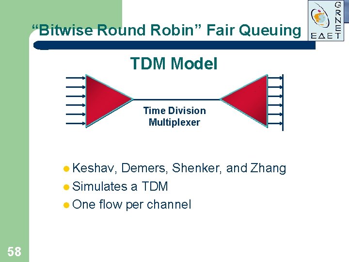 “Bitwise Round Robin” Fair Queuing TDM Model Time Division Multiplexer l Keshav, Demers, Shenker, “Bitwise Round Robin” Fair Queuing TDM Model Time Division Multiplexer l Keshav, Demers, Shenker,