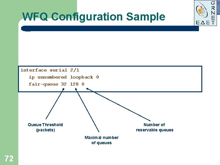 WFQ Configuration Sample interface serial 2/1 ip unnumbered loopback 0 fair-queue 32 128 0 WFQ Configuration Sample interface serial 2/1 ip unnumbered loopback 0 fair-queue 32 128 0