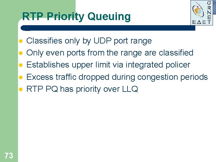 RTP Priority Queuing l l l 73 Classifies only by UDP port range Only RTP Priority Queuing l l l 73 Classifies only by UDP port range Only