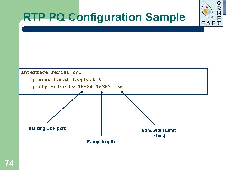 RTP PQ Configuration Sample interface serial 2/1 ip unnumbered loopback 0 ip rtp priority RTP PQ Configuration Sample interface serial 2/1 ip unnumbered loopback 0 ip rtp priority