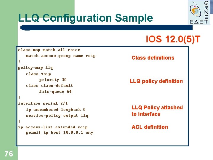 LLQ Configuration Sample IOS 12. 0(5)T class-map match-all voice match access-group name voip ! LLQ Configuration Sample IOS 12. 0(5)T class-map match-all voice match access-group name voip !
