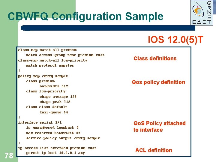 CBWFQ Configuration Sample IOS 12. 0(5)T 78 class-map match-all premium match access-group name premium- CBWFQ Configuration Sample IOS 12. 0(5)T 78 class-map match-all premium match access-group name premium-