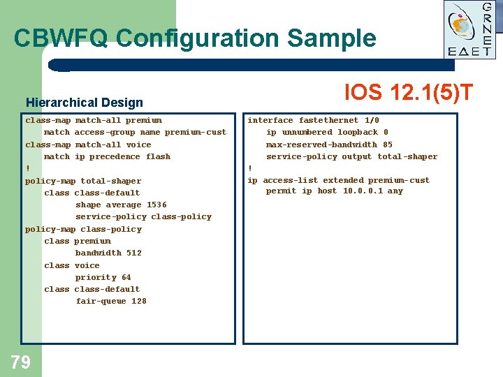 CBWFQ Configuration Sample Hierarchical Design class-map match-all premium match access-group name premium- cust class-map CBWFQ Configuration Sample Hierarchical Design class-map match-all premium match access-group name premium- cust class-map