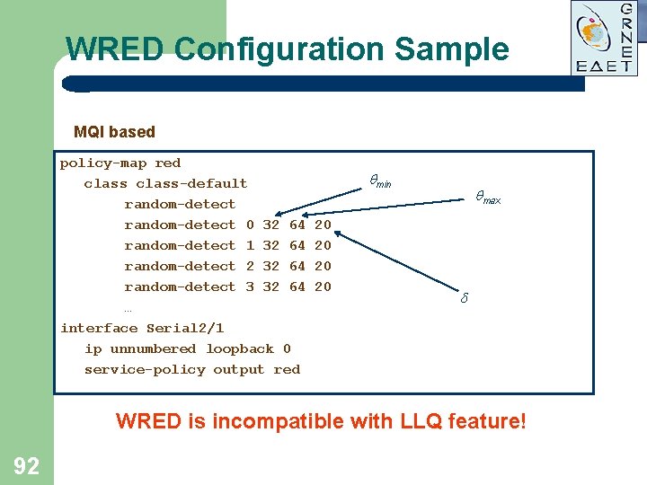 WRED Configuration Sample MQI based policy-map red class-default random-detect 0 32 64 random-detect 1 WRED Configuration Sample MQI based policy-map red class-default random-detect 0 32 64 random-detect 1