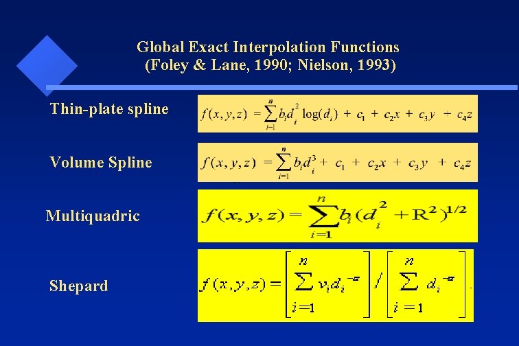 Global Exact Interpolation Functions (Foley & Lane, 1990; Nielson, 1993) Thin-plate spline Volume Spline