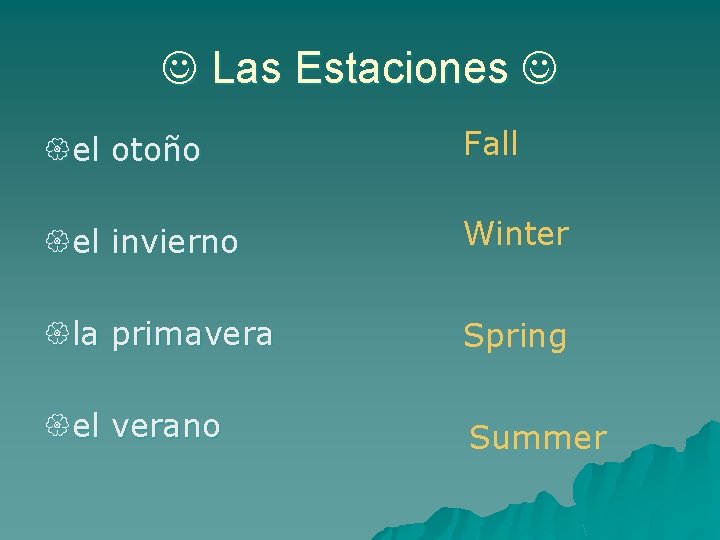  Las Estaciones el otoño Fall el invierno Winter la primavera Spring el verano