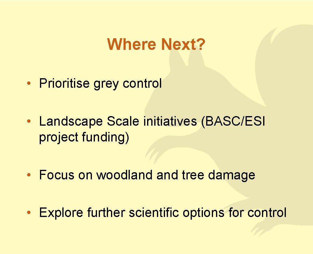Where Next? • Prioritise grey control • Landscape Scale initiatives (BASC/ESI project funding) •