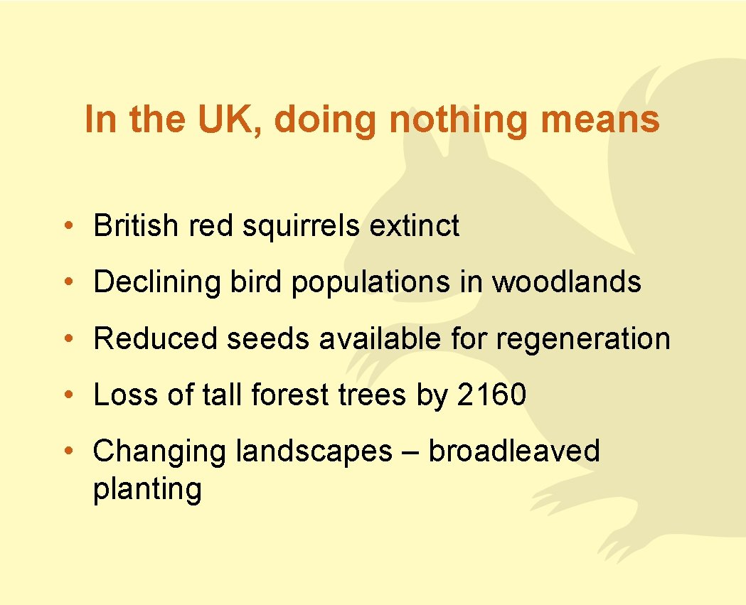 In the UK, doing nothing means • British red squirrels extinct • Declining bird