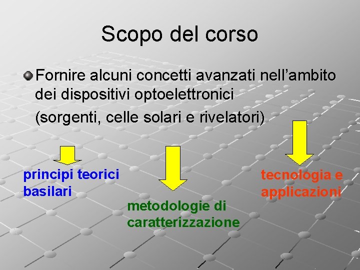 Scopo del corso Fornire alcuni concetti avanzati nell’ambito dei dispositivi optoelettronici (sorgenti, celle solari