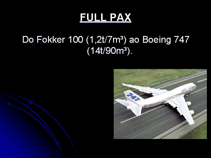 FULL PAX Do Fokker 100 (1, 2 t/7 m³) ao Boeing 747 (14 t/90