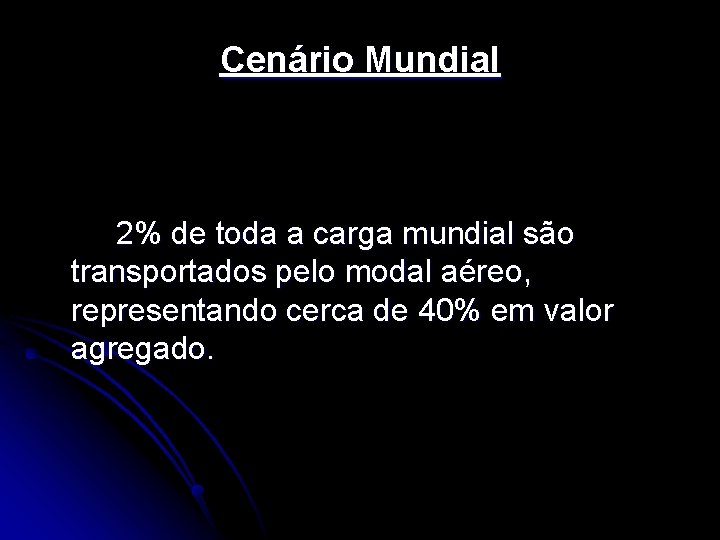 Cenário Mundial 2% de toda a carga mundial são transportados pelo modal aéreo, representando