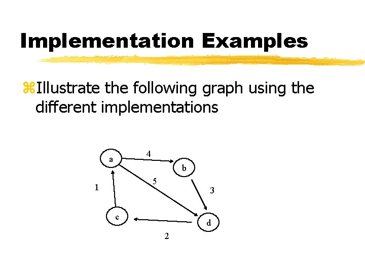 Implementation Examples z. Illustrate the following graph using the different implementations 4 a b