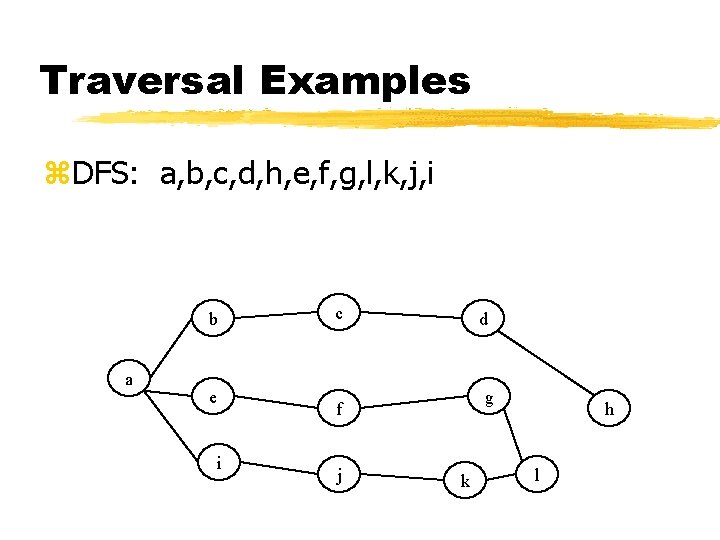 Traversal Examples z. DFS: a, b, c, d, h, e, f, g, l, k,