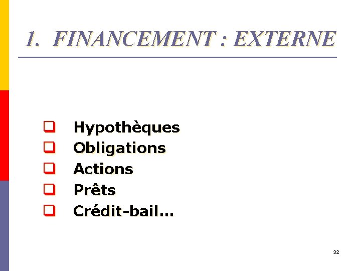 1. FINANCEMENT : EXTERNE q q q Hypothèques Obligations Actions Prêts Crédit-bail… 32 