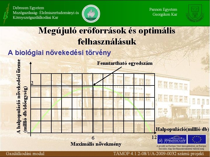 Megújuló erőforrások és optimális felhasználásuk A halpopuláció növekedési üteme (millió db/időegység) A biológiai növekedési